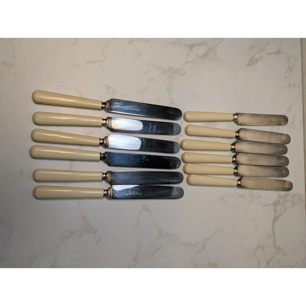 Antique Meriden Cutlery Celluloid Patent Ivory Dessert Knives Boxed 12